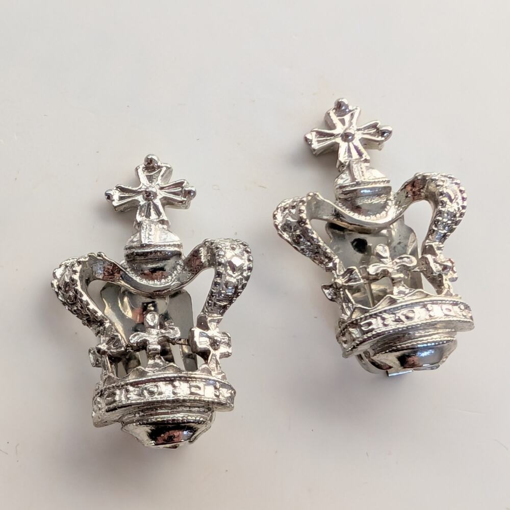 Vintage Estate Silver Tone Ornate Crown Regal Queen Clip On Earrings